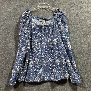 Loft Top Womens XL Blue Floral Stretch Square Neck Puff Sleeve Smocked Front